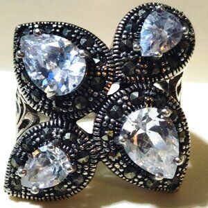 Sterling Silver Ring Size 8 Marcasite Cubic Zirconia Cluster Pear Shaped Stones